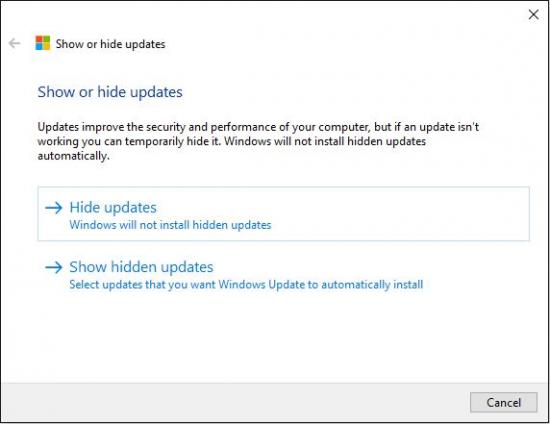 Show or hide updates pada Windows 10